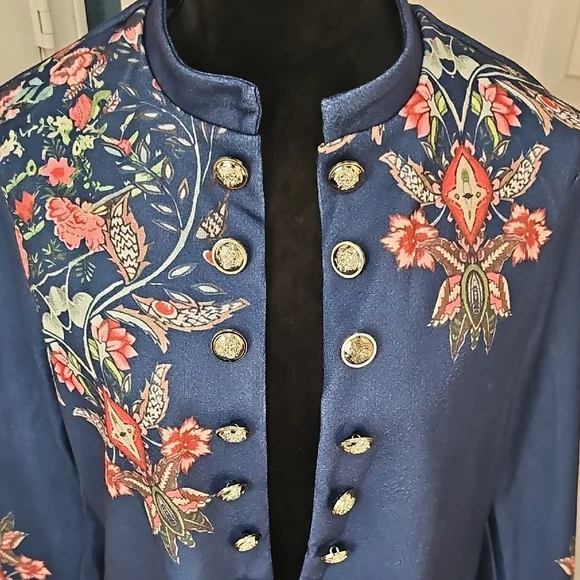 NWT Sinhoon Navy Double Breasted Gold Tone Button Tailored Floral Blazer XL - Picture 6 of 12